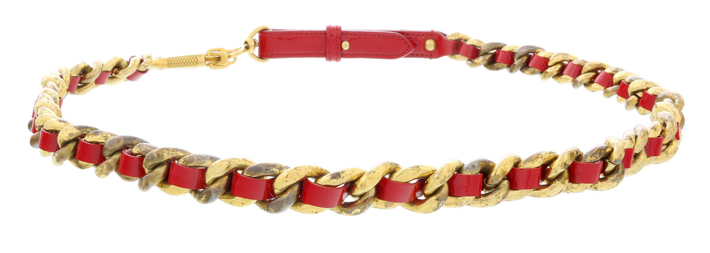 Miu Miu Red Narrow Leather Aged Distressed Gold Curb Chain  Belt-