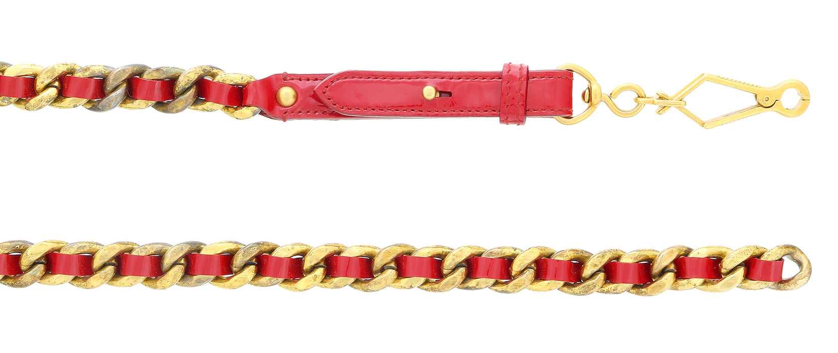 Miu Miu Red Narrow Leather Aged Distressed Gold Curb Chain  Belt-