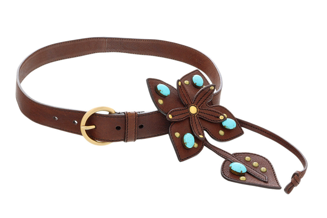 Miu Miu Brown Leather Turquoise Bead Floral Applique  Belt-36