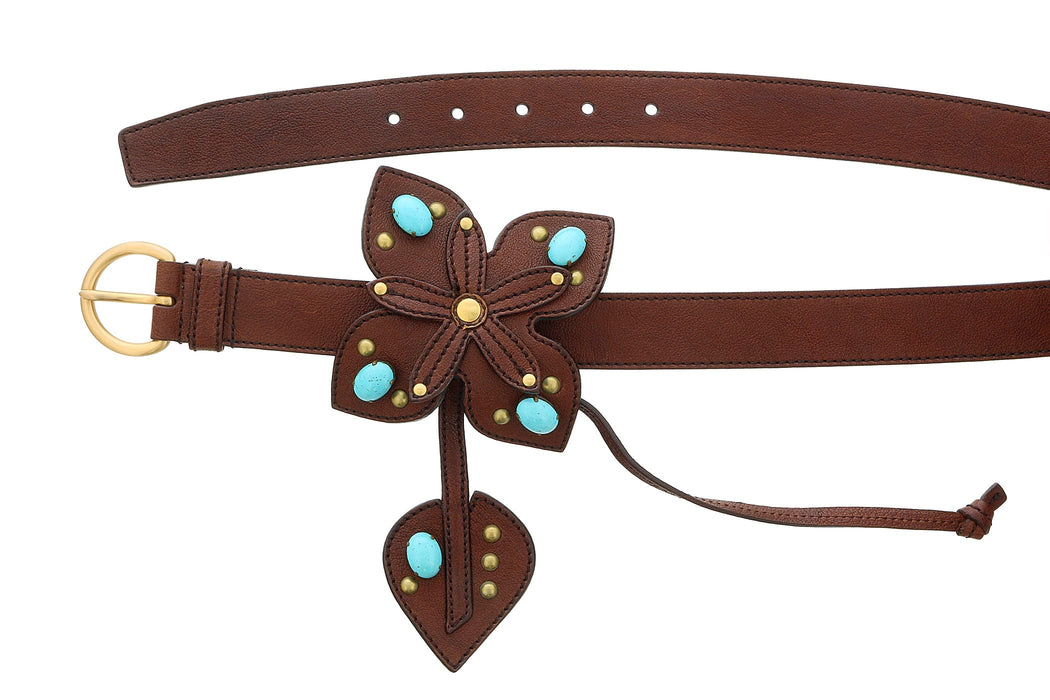 Miu Miu Brown Leather Turquoise Bead Floral Applique  Belt-