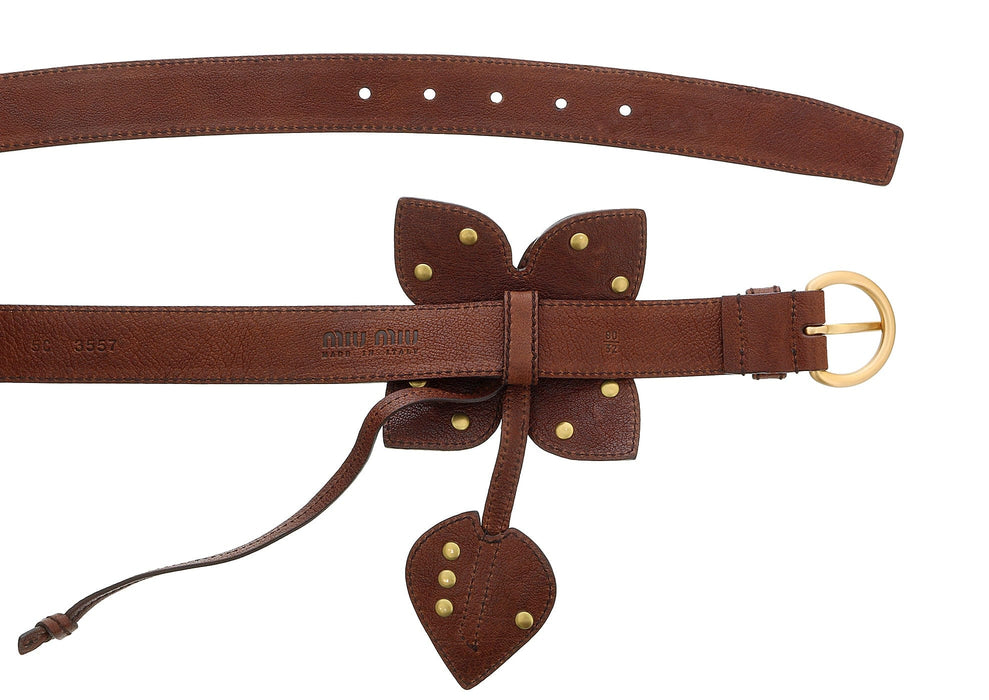 Miu Miu Brown Leather Turquoise Bead Floral Applique  Belt-
