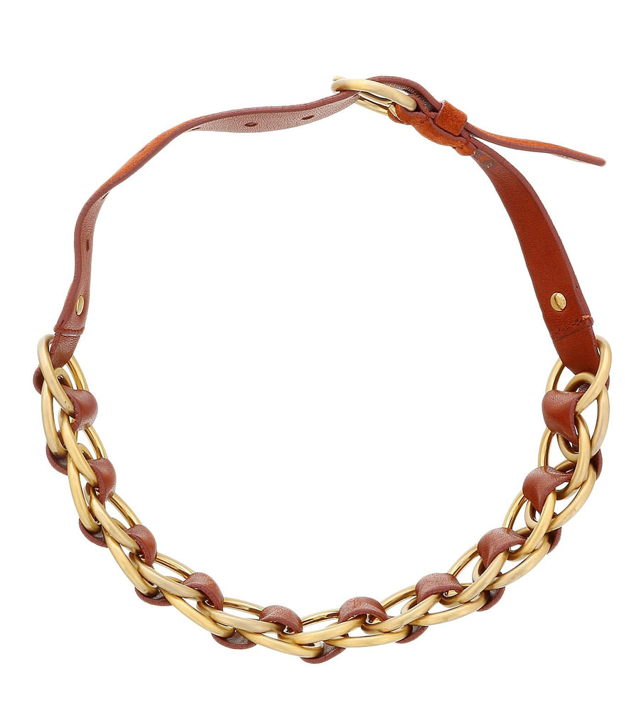 Miu Miu Burnt Orange Leather Woven Gold Chain Choker Necklace-One Size