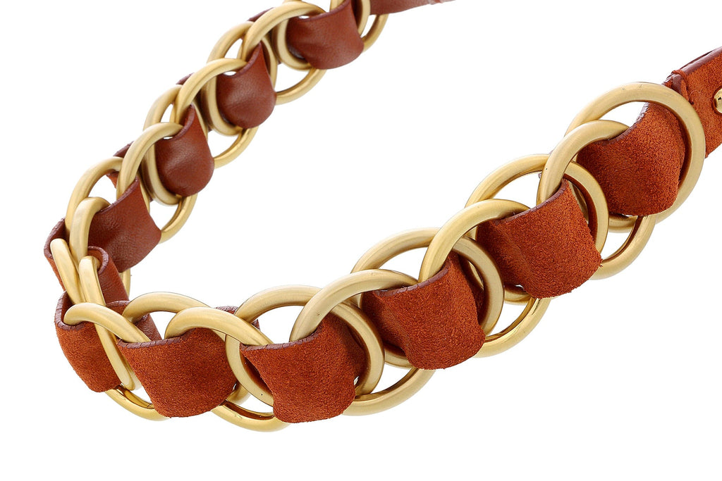 Miu Miu Burnt Orange Leather Woven Gold Chain Choker Necklace-One Size