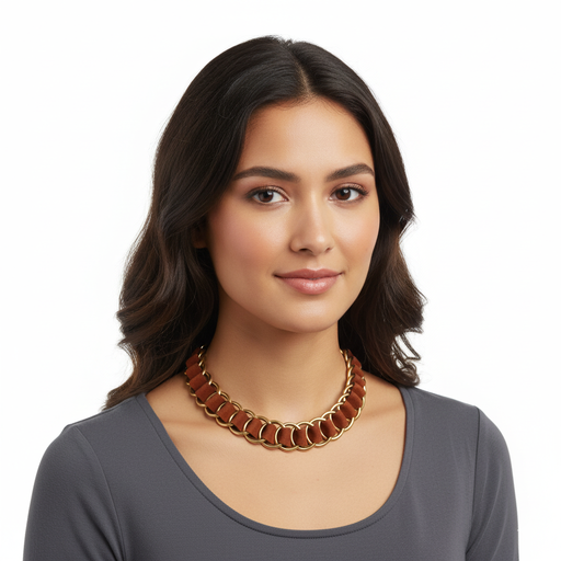 Miu Miu Burnt Orange Leather Woven Gold Chain Choker Necklace-One Size