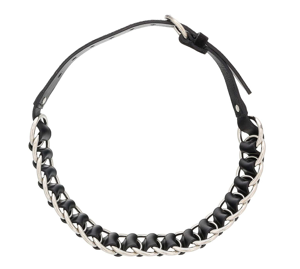 Damaged/ Store Return Miu Miu Black/Silver Leather Woven Silver Chain Choker Necklace-One Size