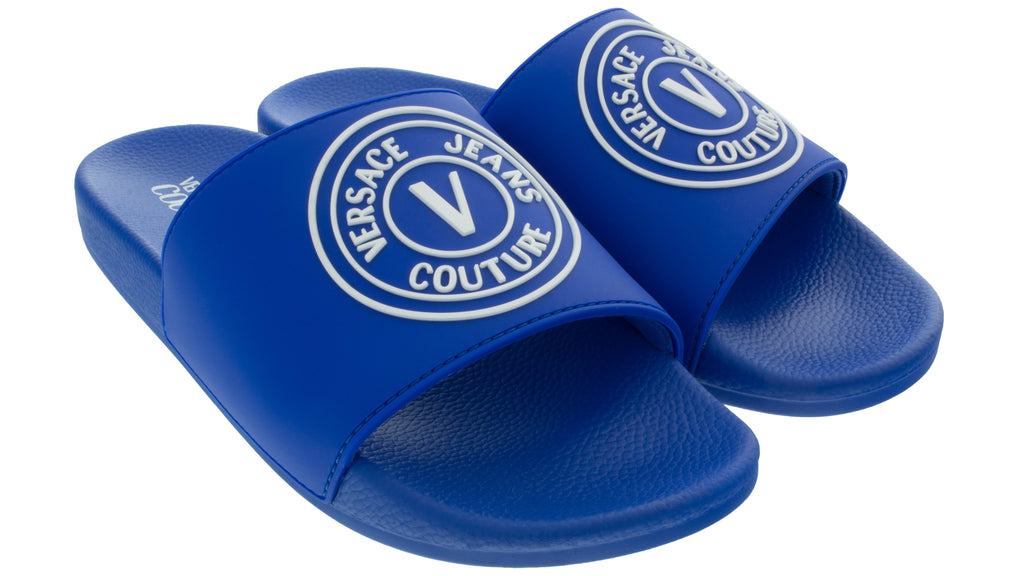 Versace Jeans Couture Electric Blue Logo Print Wide Strap Slide-