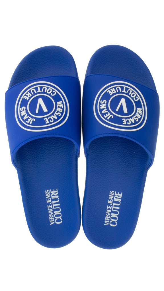 Versace Jeans Couture Electric Blue Logo Print Wide Strap Slide-