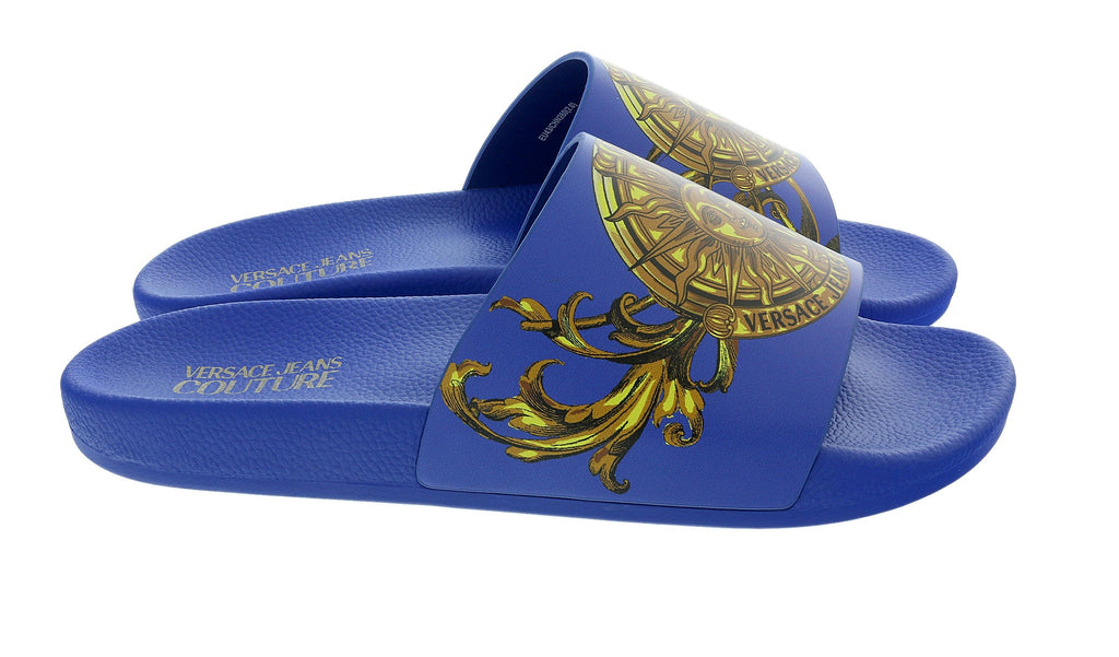 Versace Jeans Couture Electric Blue Baroque Print Wide Strap Sandals-