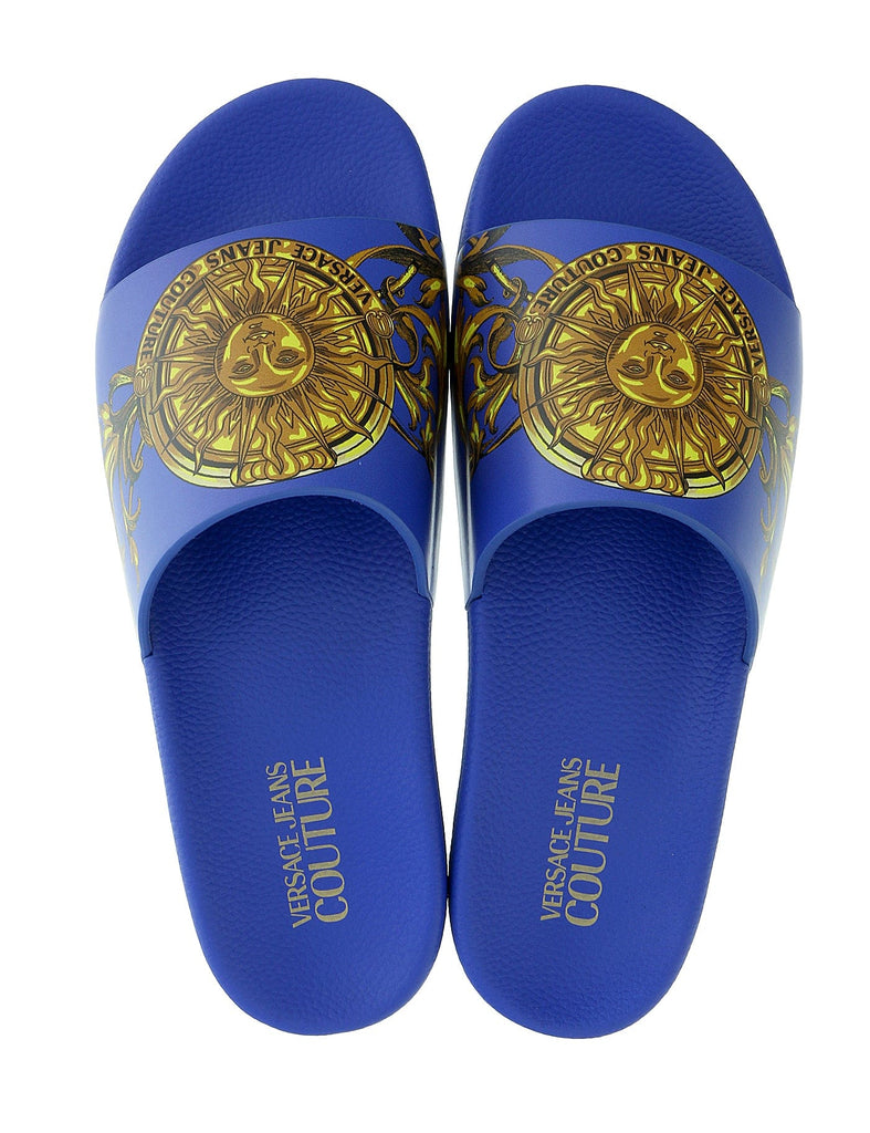 Versace Jeans Couture Electric Blue Baroque Print Wide Strap Sandals-