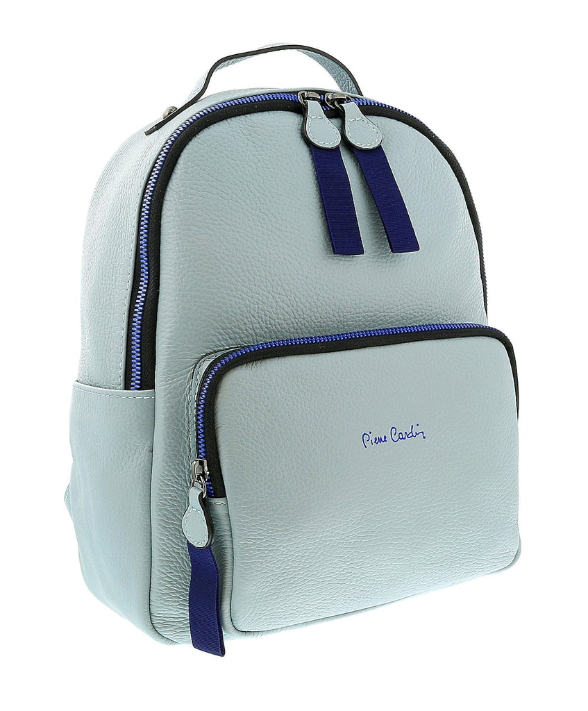 Pierre Cardin Light Blue Leather Classic Medium Double Zip Fashion Backpack