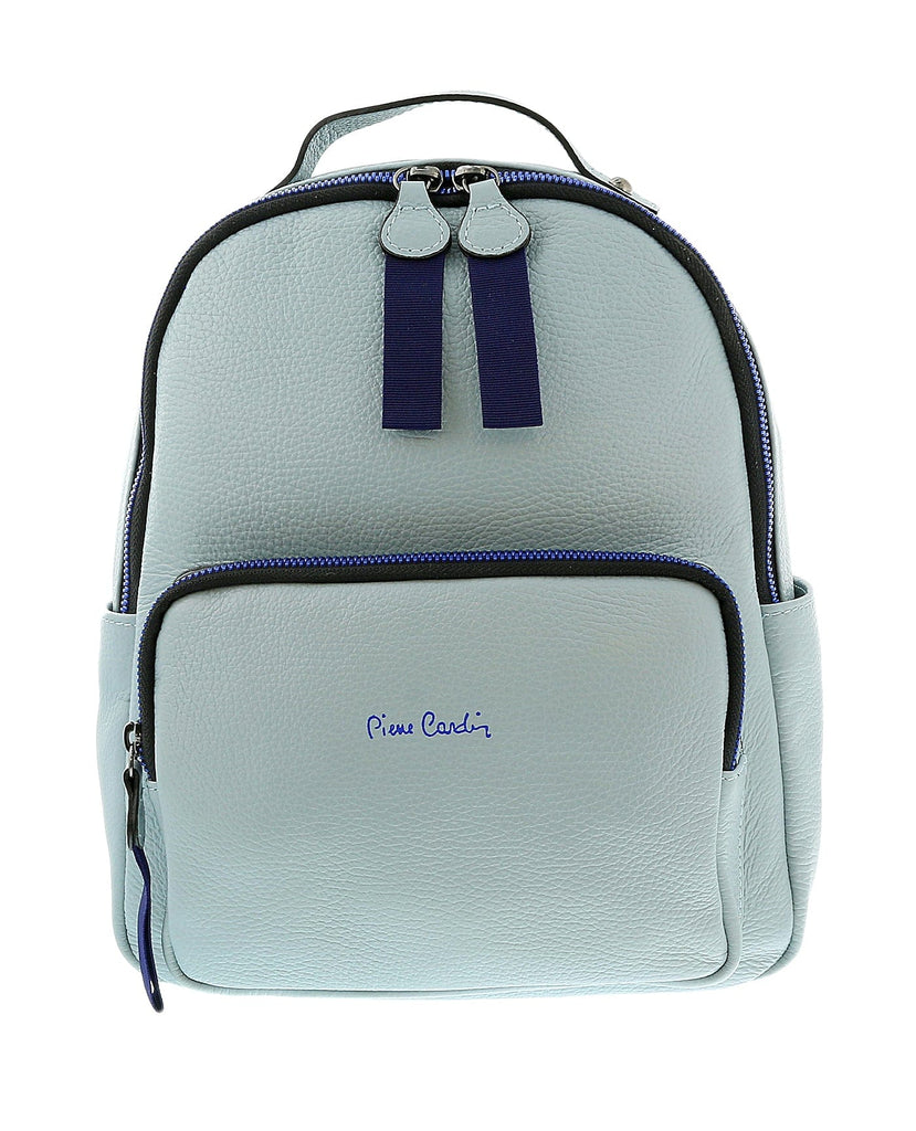 Pierre Cardin Light Blue Leather Classic Medium Double Zip Fashion Backpack