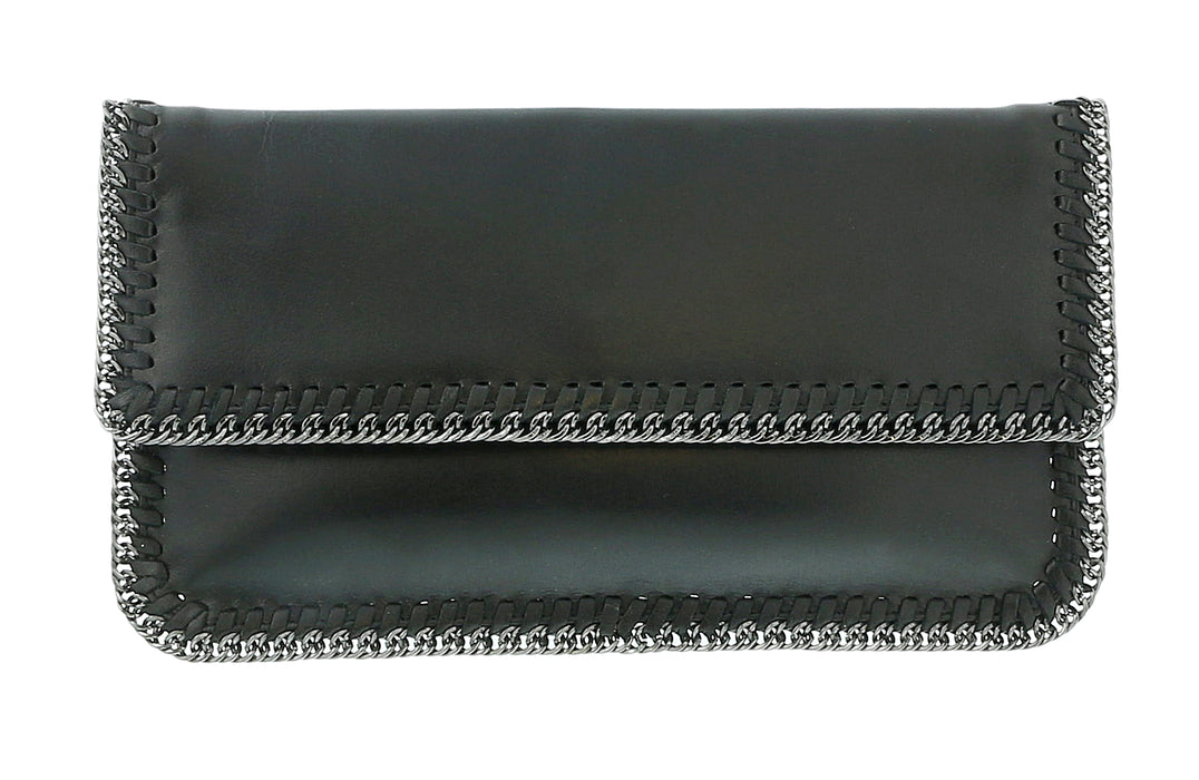 Pierre Cardin Black Leather Medium Envelope Curb Chain Embelished Clutch