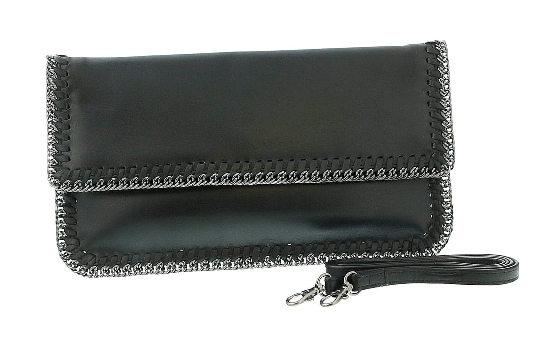 Pierre Cardin Black Leather Medium Enveloppe Curb Chain Embelished Clutch