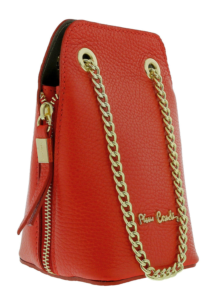 Pierre Cardin Red Leather Curved Structured Chain Crossbody Bag