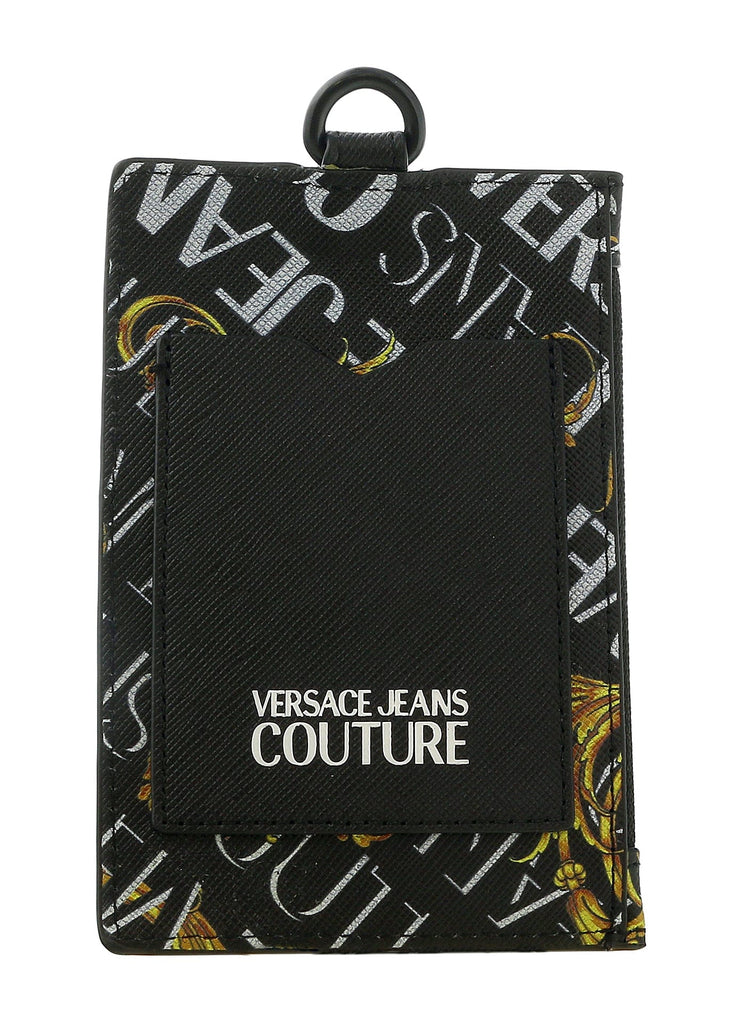 Versace Jeans Couture Black Gold Leather Baroque Brush Pattern Lanyard Cardholder