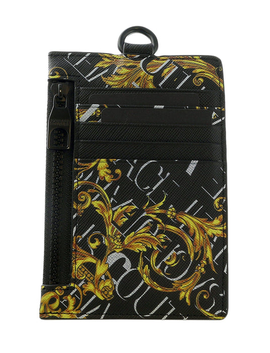 Versace Jeans Couture Black Gold Leather Baroque Brush Pattern Lanyard Cardholder