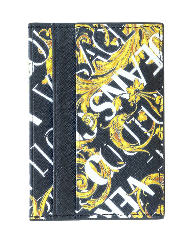 Versace Jeans Couture Black Gold Leather Baroque Brush Pattern Cardholder