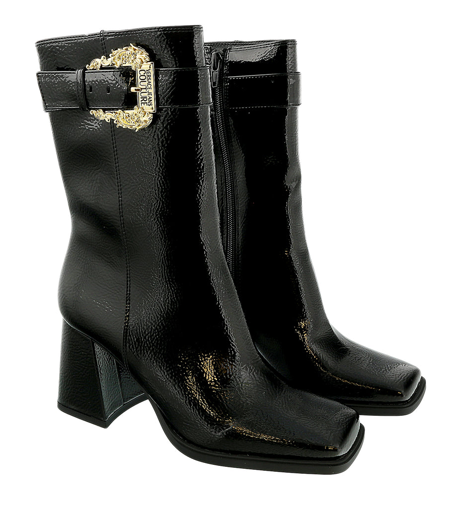 Versace Jeans Couture Black Patent Square Toe Ankle Boot-