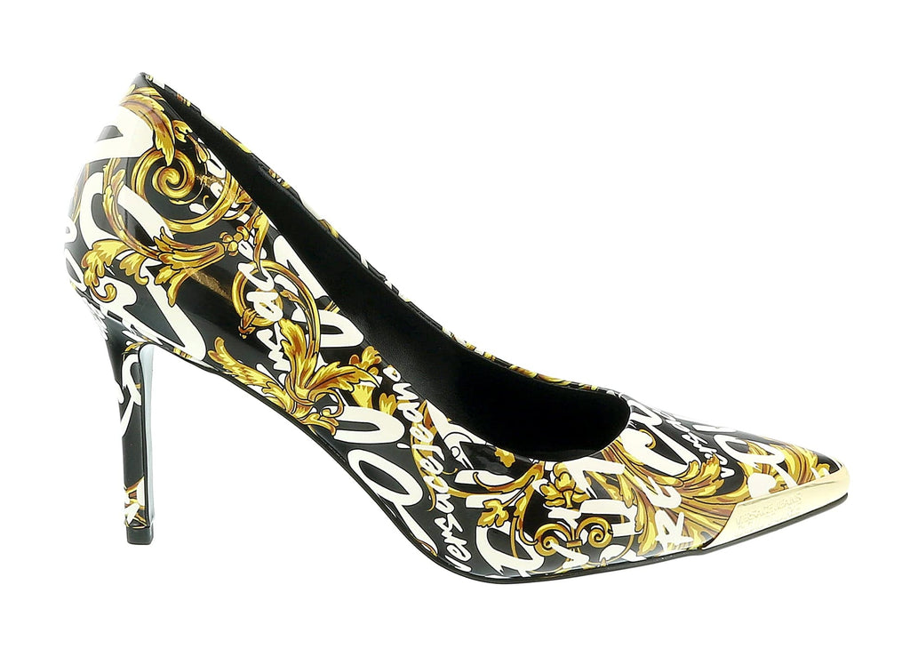 Versace Jeans Couture Black Gold Baroque Print Cap Toe Pump-