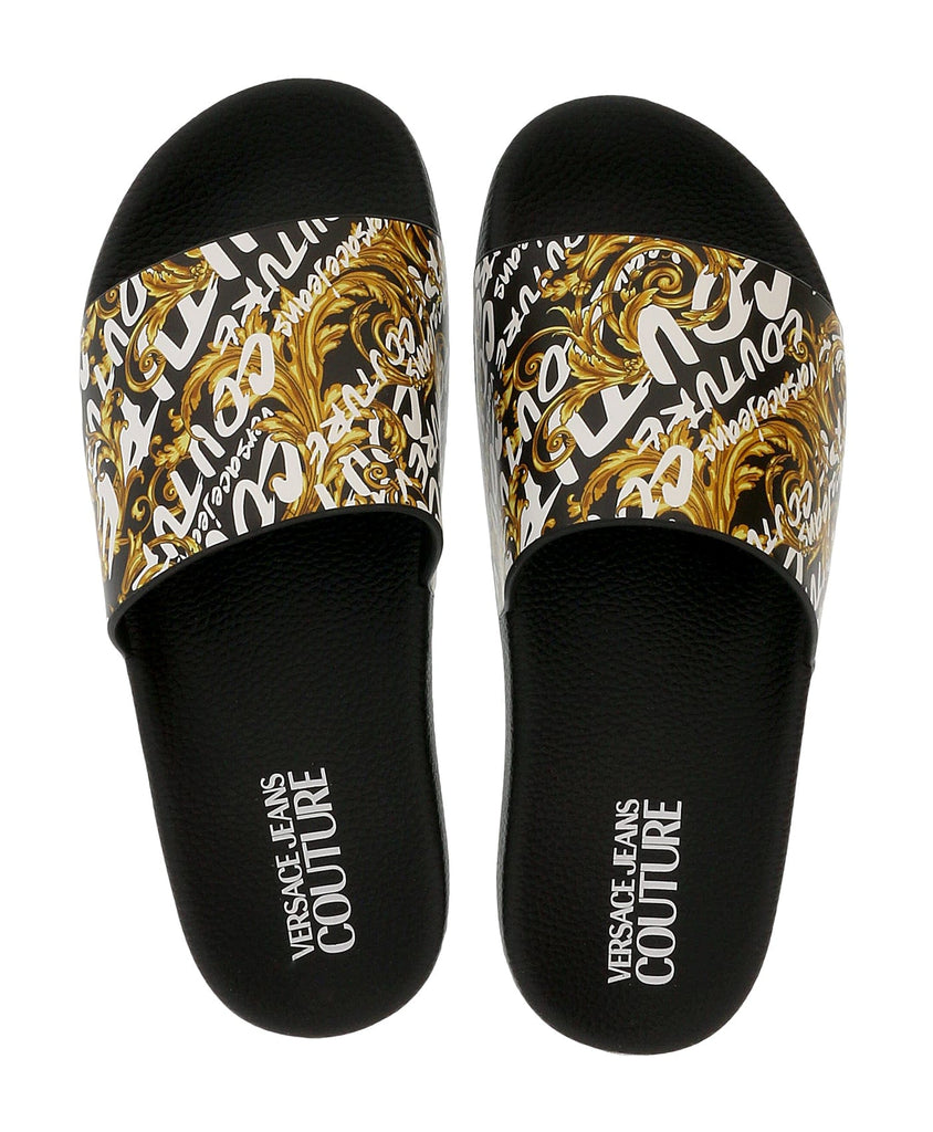 Versace Jeans Couture Black Gold Baroque Pattern Pool Slide-