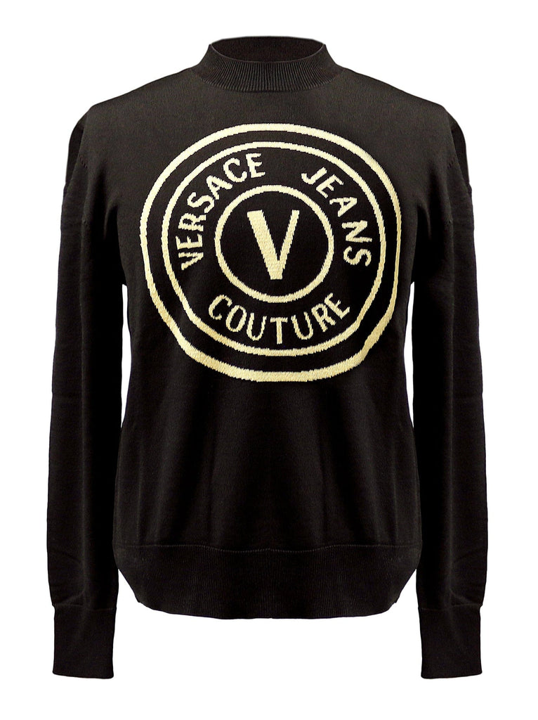 Versace Jeans Couture Black Medallion Logo High Crewneck Knit Sweater-
