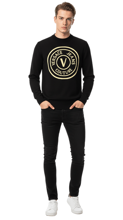 Versace Jeans Couture Black Medallion Logo High Crewneck Knit Sweater-XL