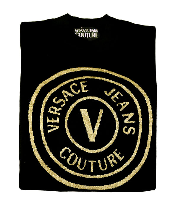 Versace Jeans Couture Black Medallion Logo High Crewneck Knit Sweater-