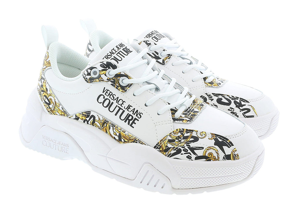 Versace Jeans Couture White/Gold Baroque Print Trim Lace Up Sneakers-