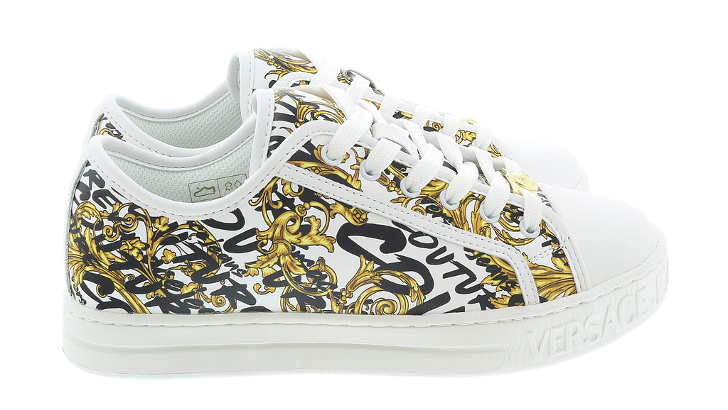 Versace Jeans Couture White/Gold Logo Brush Baroque Lace Up Sneakers-
