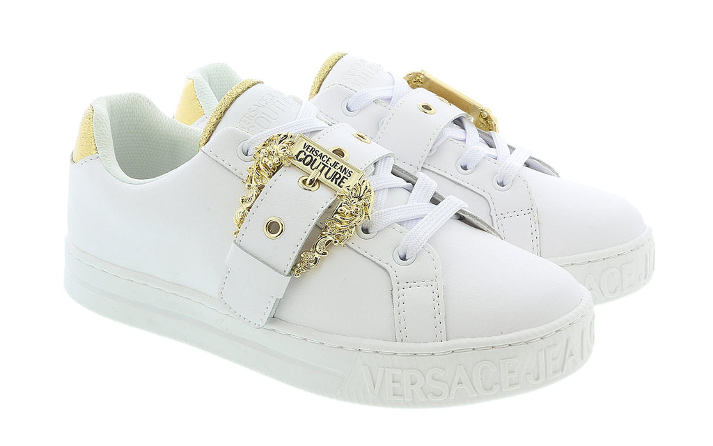 Versace Jeans Couture White Baroque Buckle Fashion Lace Up Sneakers-