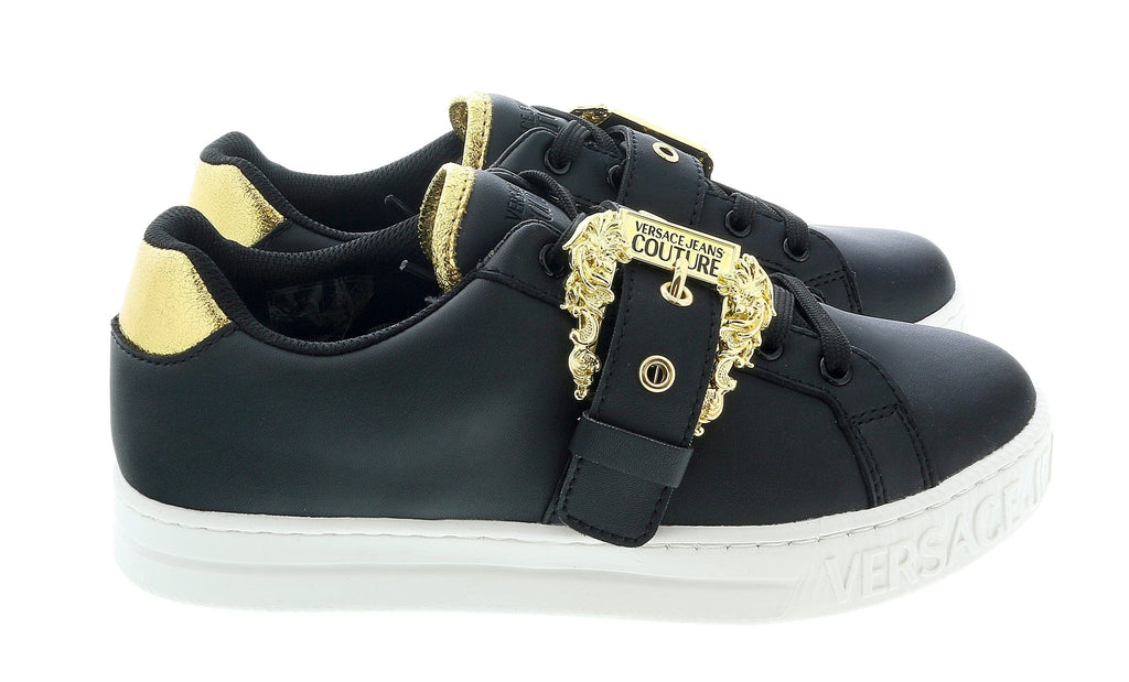 Versace Jeans Couture Black Baroque Buckle Fashion Lace Up Sneakers-