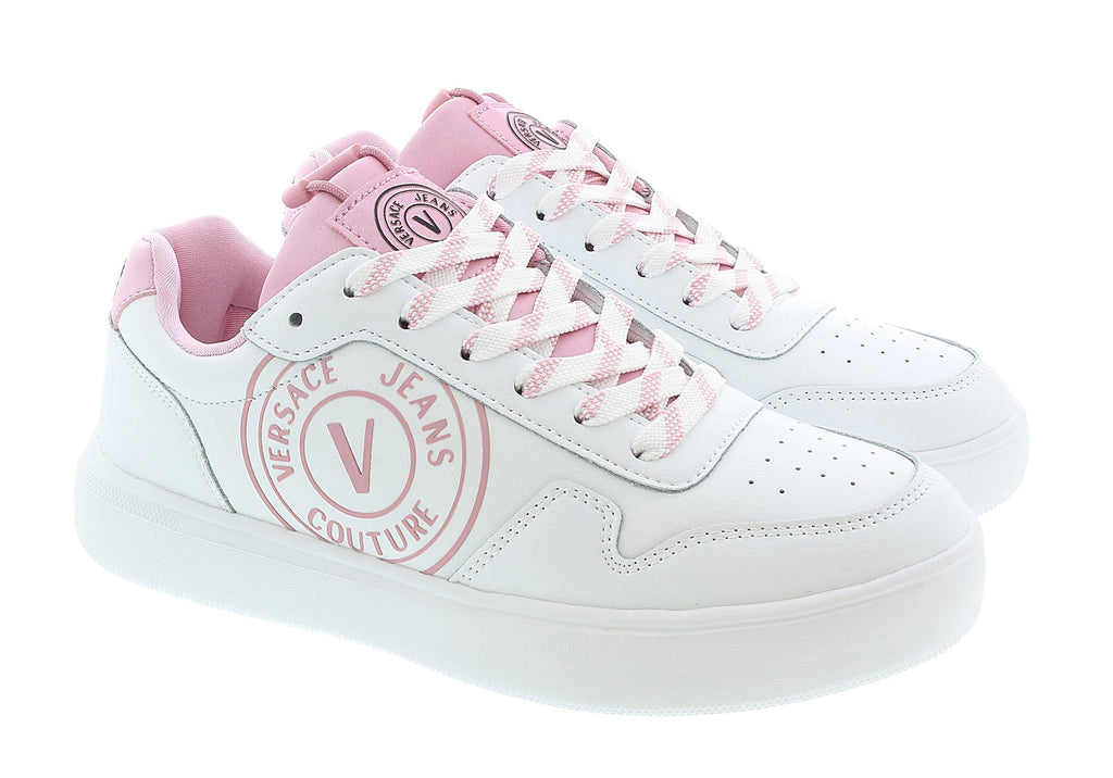 Versace Jeans Couture White/Pink V-Logo Court Lace Up Sneakers-5