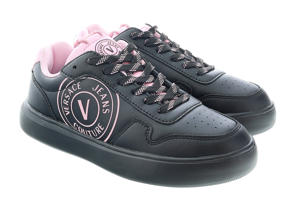 Versace Jeans Couture Black/Pink V-Logo Court Lace Up Sneakers-