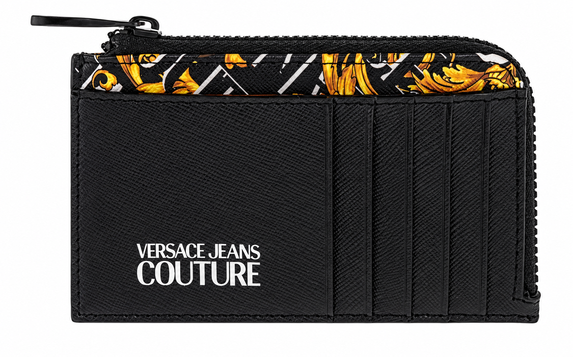 Versace Jeans Couture Black Baroque Print Compact Wallet Cardholder