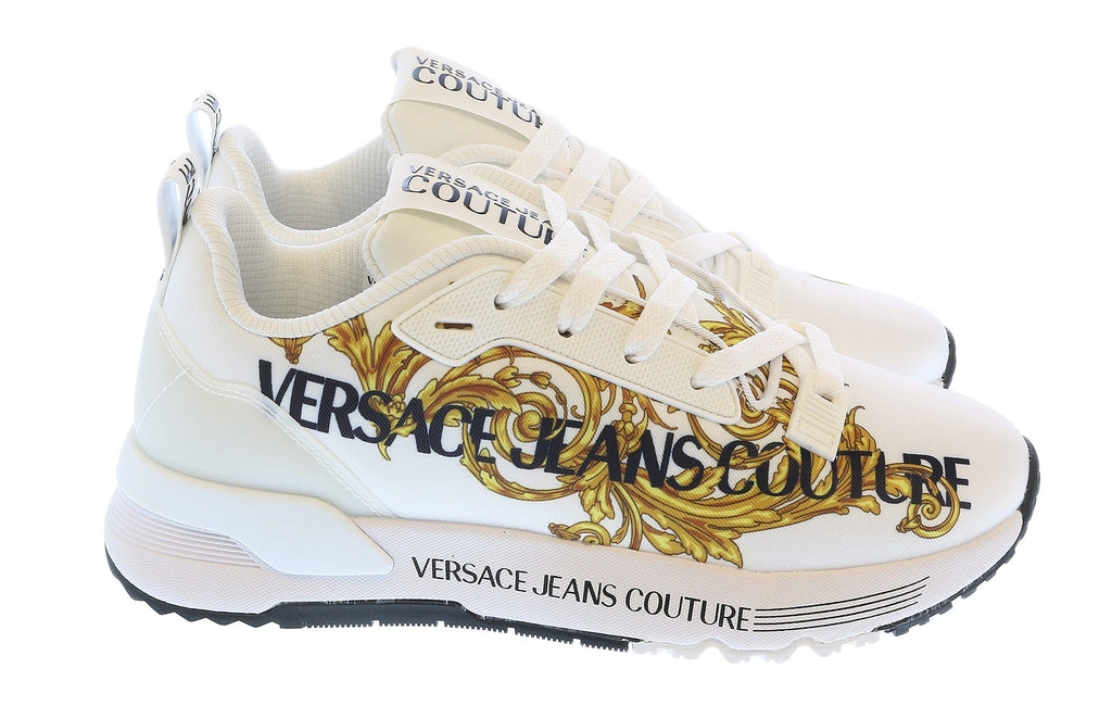 Versace Jeans Couture White Gold  Baroque Detail Lace Up Fashion Sneakers