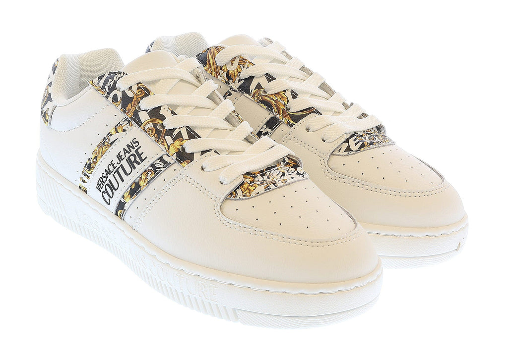 Versace Jeans Couture White Gold  Baroque Detail Lace Up Fashion Court Sneakers-