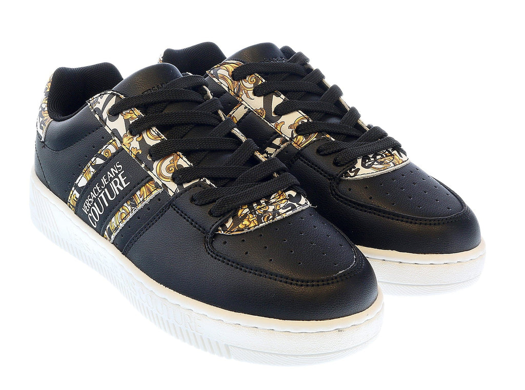 Versace Jeans Couture Black Gold Baroque Detail Lace Up Fashion Court Sneakers-7