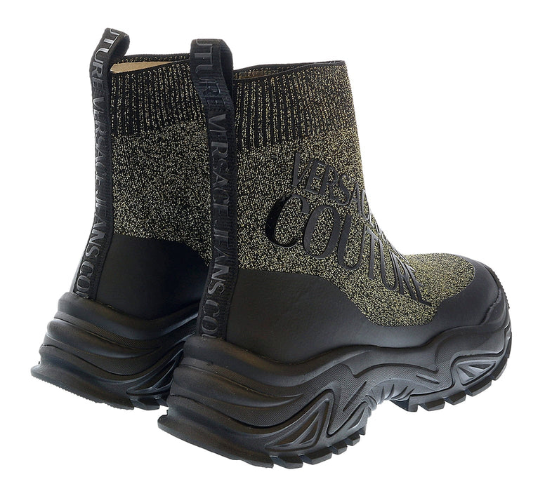 Versace Jeans Couture Womens Black Gold Lurex Knit Pull On Sock Ankle Boots-
