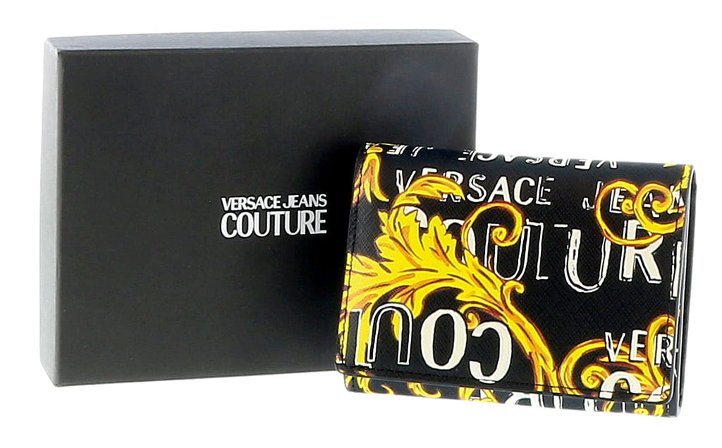 Versace Jeans Couture Black Gold Baroque Print Compact Snap On ID Hoder Wallet