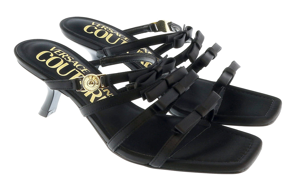 Versace Jeans Couture Black Stappy Mid Heel Bow Sandals-