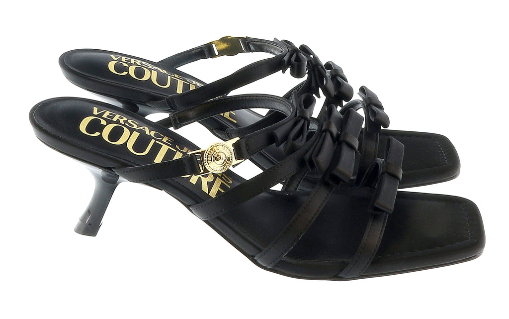 Versace Jeans Couture Black Stappy Mid Heel Bow Sandals-