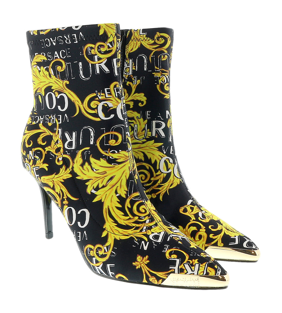 Versace Jeans Couture Black Gold Baroque Print Cap Toe High Heel Boots-8