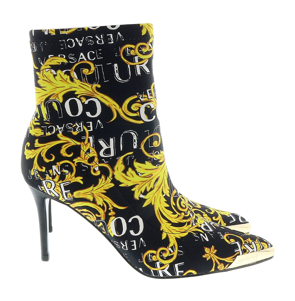 Versace Jeans Couture Black Gold Baroque Print Cap Toe High Heel Boots-