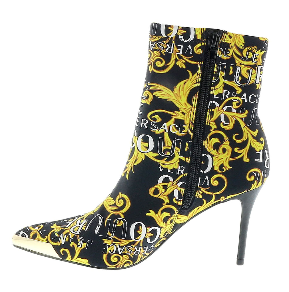 Versace Jeans Couture Black Gold Baroque Print Cap Toe High Heel Boots-