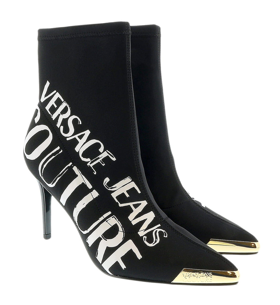 Versace Jeans Couture Black Signature Print Cap Toe High Heel Boots-