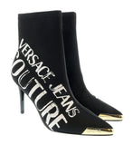 Versace Jeans Couture Black Signature Print Cap Toe High Heel Boots-7