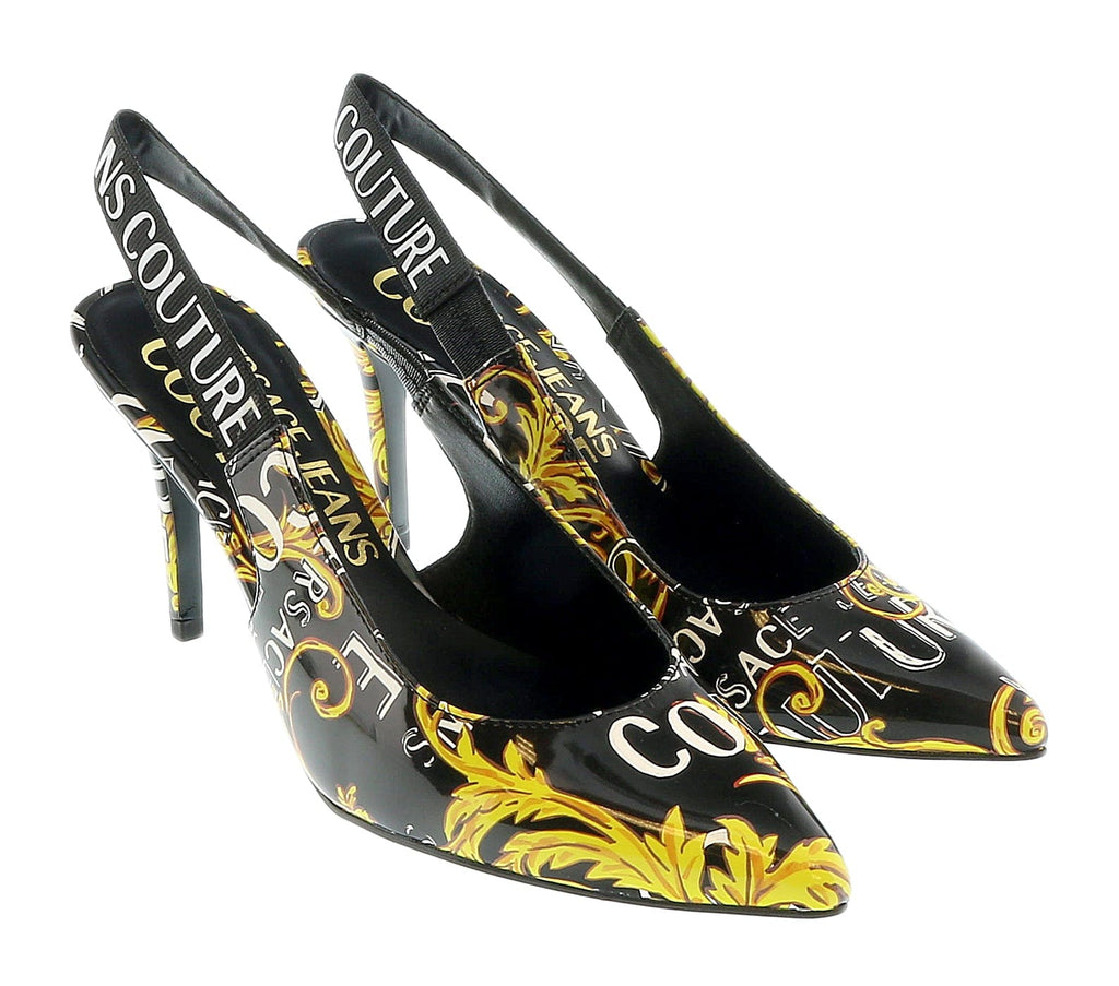 Versace Jeans Couture Black Gold Baroque Print High Heel Slingbacks-6