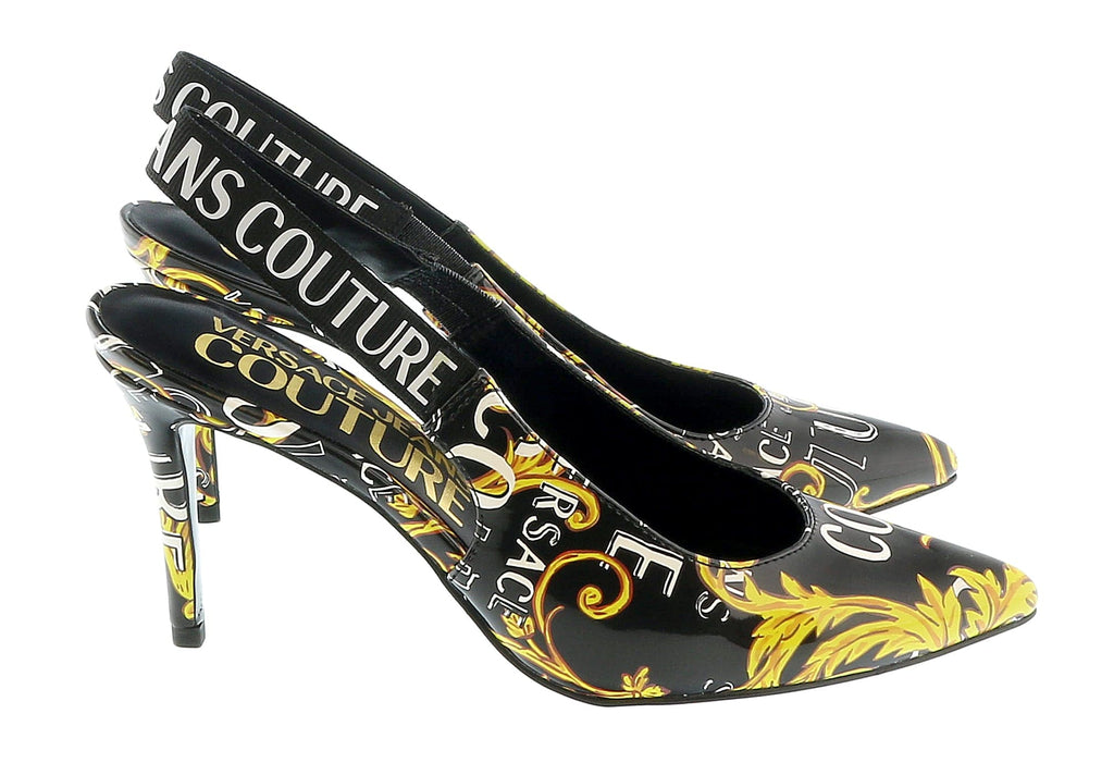 Versace Jeans Couture Black Gold Baroque Print High Heel Slingbacks