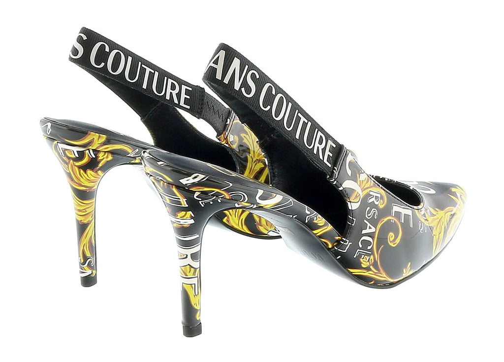 Versace Jeans Couture Black Gold Baroque Print High Heel Slingbacks-