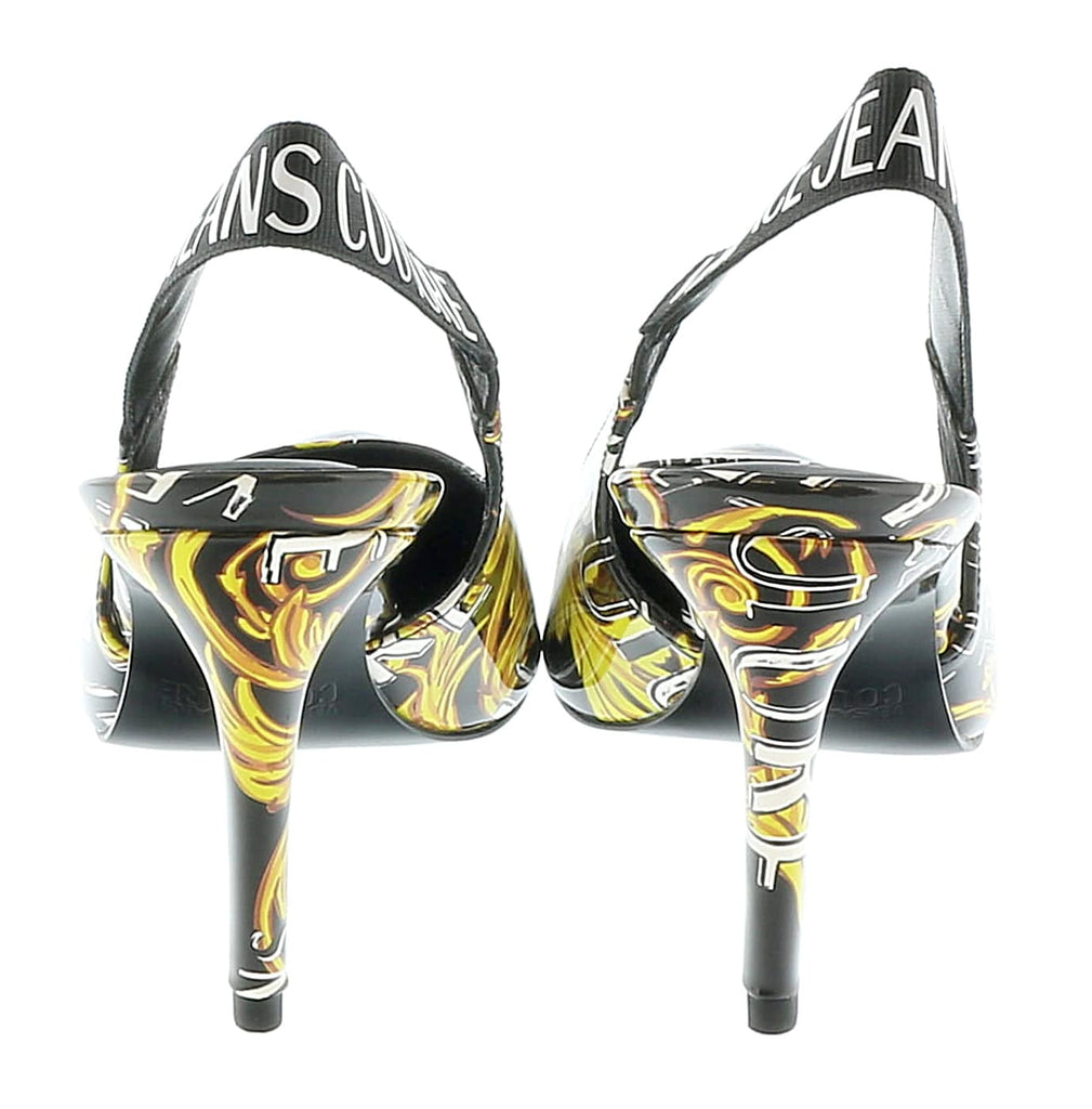 Versace Jeans Couture Black Gold Baroque Print High Heel Slingbacks-